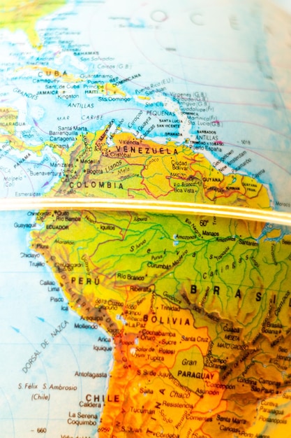 Primo piano del Sud America sulla mappa del mondo Mappa del mondo del Sud America