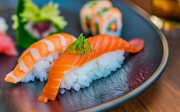 Primo piano del sushi servito nel piatto sul tavolo