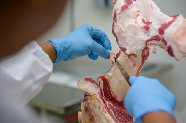 Primo piano del taglio di carne cruda con un coltello in un macello che fa macellazione e rifilatura del manzo wagyu nell'industria della carne Fette di manzo Wagyu nei ristoranti di bovini da carne in molte parti del Giappone