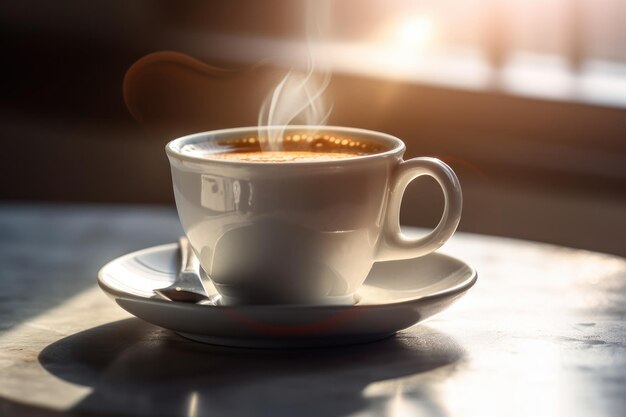 Primo piano del tappo del caffè con fumo sul tavolo