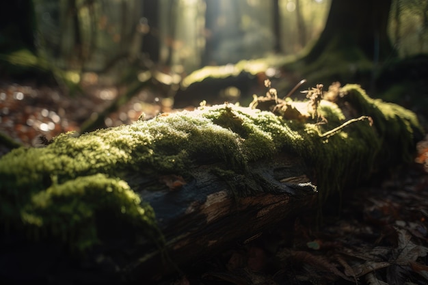 Primo piano del tronco coperto di muschio nella foresta con la luce del sole che filtra attraverso gli alberi creati con l'ai generativa