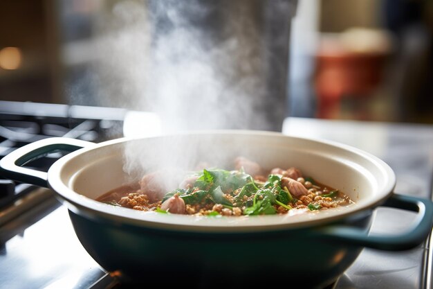 Primo piano del vapore che sale dal cassoulet caldo