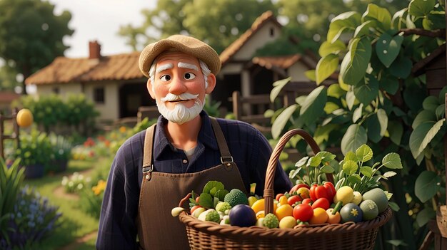 Primo piano del vecchio contadino che tiene un cesto di verdure l'uomo è in piedi nel giardino