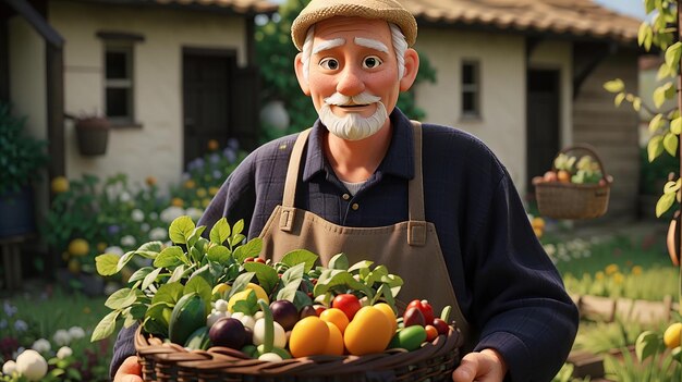 Primo piano del vecchio contadino che tiene un cesto di verdure l'uomo è in piedi nel giardino