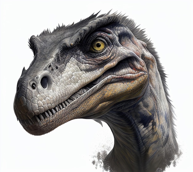 primo piano del velociraptor di dinosauro realistico su sfondo bianco ai generativa