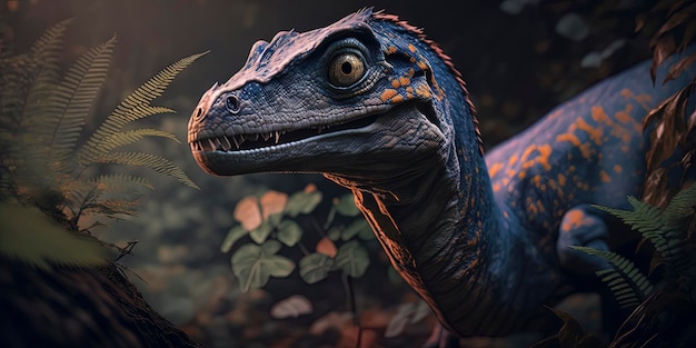 Primo piano del Velociraptor nella giungla AIGenerato