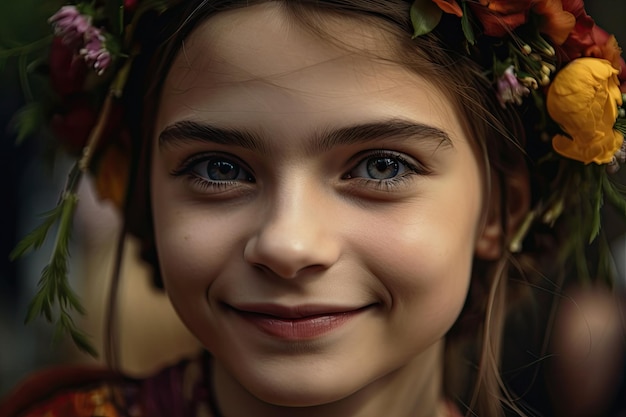 Primo piano del viso delle ragazze con fiori tra i capelli e sulla guancia