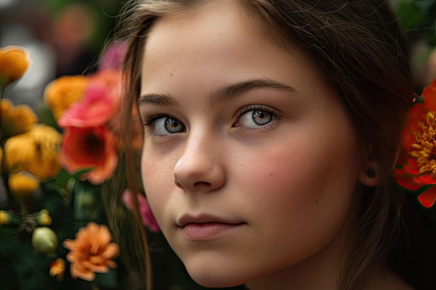 Primo piano del viso delle ragazze con vivaci fiori in fiore sullo sfondo