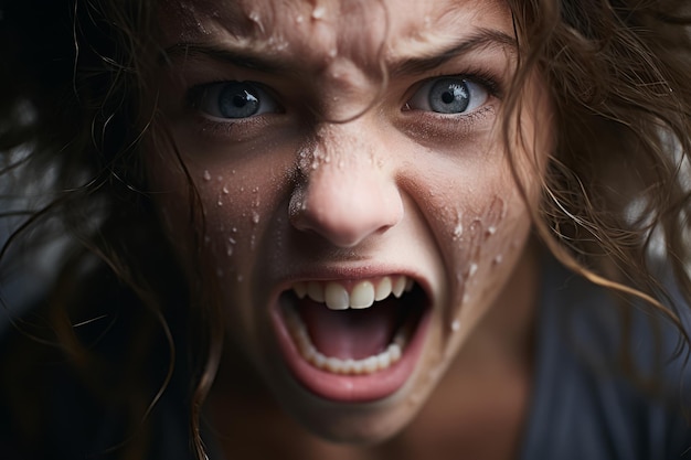 Primo piano del volto di una donna colto in un urlo autentico che trasmette emozioni crude