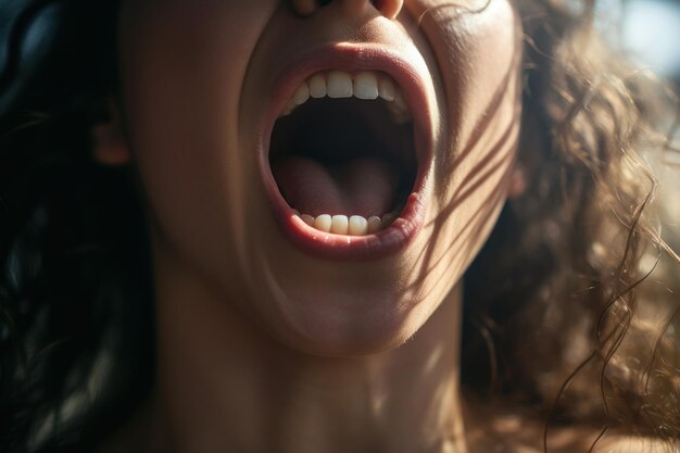 Primo piano del volto di una donna In mezzo al suono di urla vere Che trasmettono emozioni crude, salute mentale