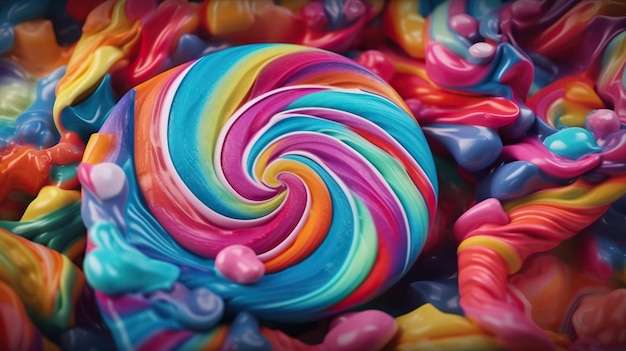 Primo piano del vortice di caramelle colorate Vortice di liquido lecca-lecca dolce arcobaleno dolce AI generativa