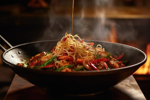 Primo piano del wok con fiamme che lambiscono i lati e fumo creato con ai generativa