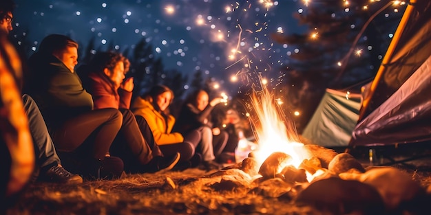 Primo piano dell'accogliente scena del campeggio con un falò tremolante circondato da amici che arrostiscono marshmallow