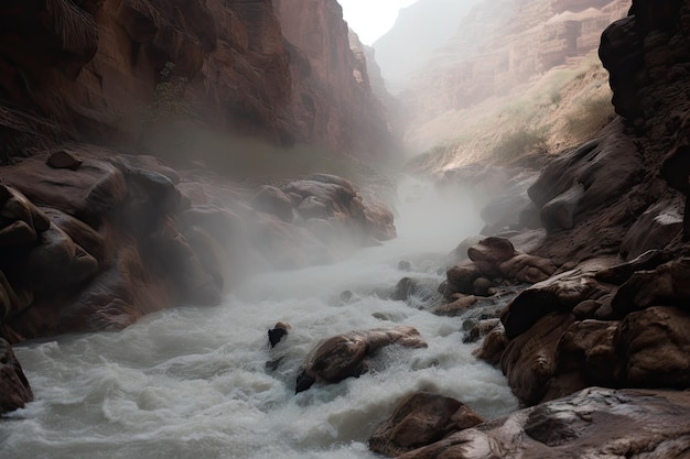 Primo piano dell'acqua che scorre veloce attraverso il canyon con la nebbia che sale dal torrente creato con l'IA generativa