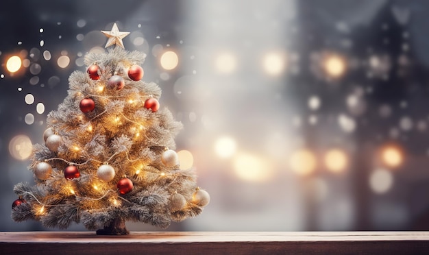 Primo piano dell'albero di Natale all'aperto decorato a festa con palline rosse luminose su scintillio sfocato