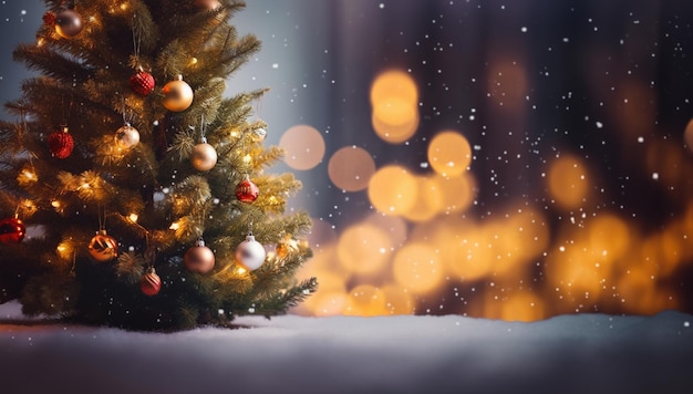 Primo piano dell'albero di Natale all'aperto decorato a festa con palline rosse luminose su scintillio sfocato