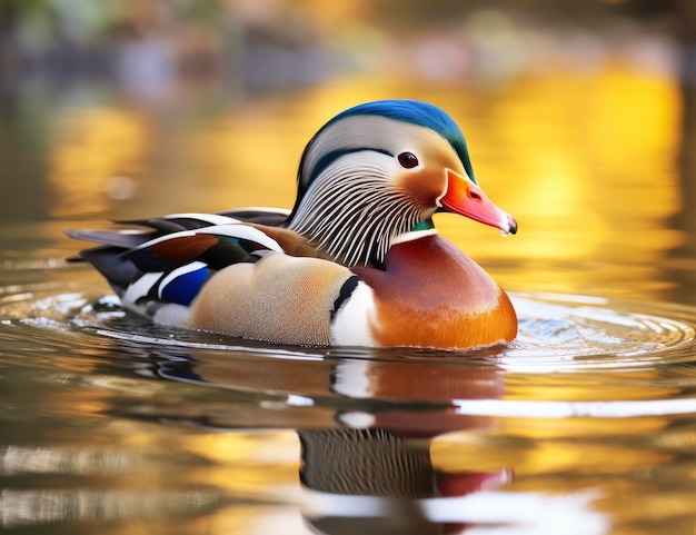 Primo piano dell'anatra di mandarino che nuota nel lago