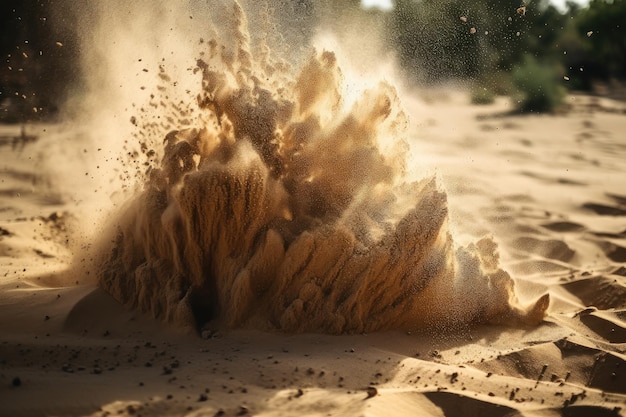 Primo piano dell'esplosione di sabbia con grani a cascata e polvere visibili