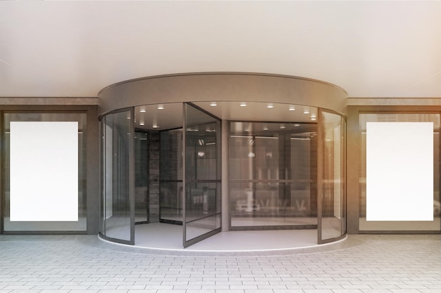 Primo piano dell'ingresso di un edificio aziendale con una porta a vetri e due grandi poster verticali nelle finestre adiacenti. rappresentazione 3d. Modello. Immagine tonica