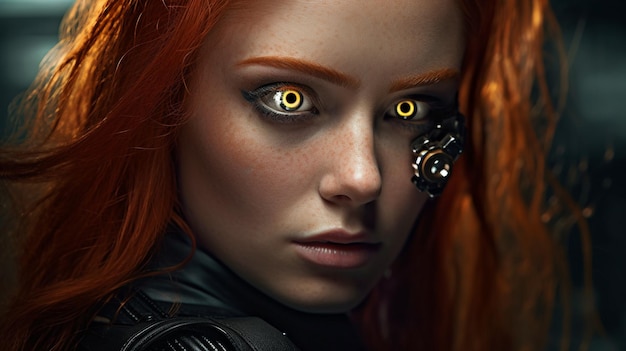 Primo piano dell'intelligenza artificiale generativa di un dirigente dai capelli rossi impertinente vestito di pelle nera e con un occhio cibernetico metallico