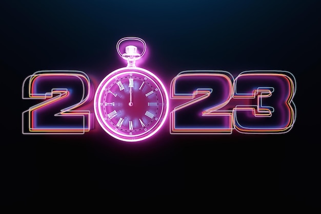 Primo piano dell'intestazione del calendario numero 2023 con orologio retrò al neon rosa trasparente su sfondo nero Illustrazione 3D Modificabilità degli anni
