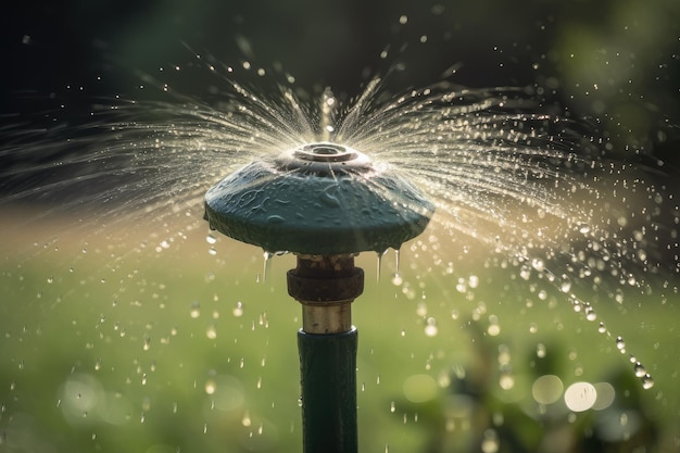 Primo piano dell'irrigatore che lancia goccioline d'acqua nell'aria