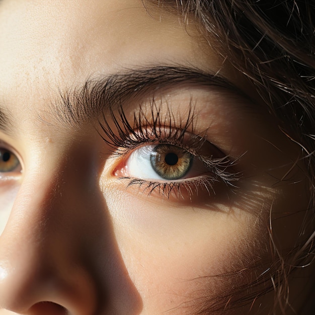 Primo piano dell'occhio della donna con ciglia con capelli castani nello stile del marrone chiaro e del bronzo chiaro