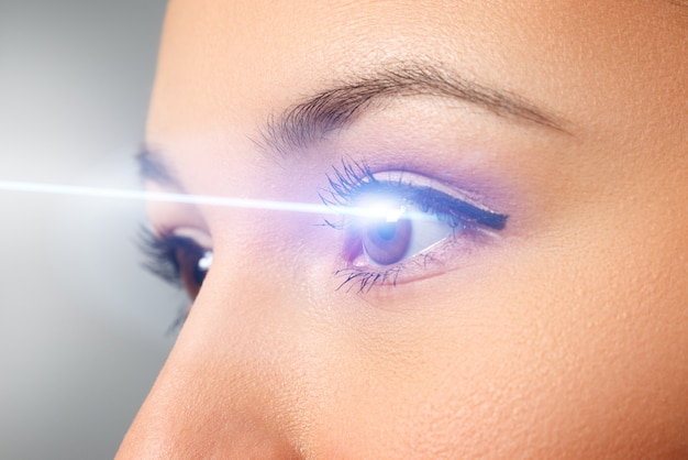 Primo piano dell'occhio di donna. Fascio laser sulla cornea. Concetto di correzione della visione laser