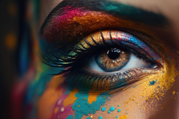 Primo piano dell'occhio di una donna con trucco colorato Holi Concept Generation AI