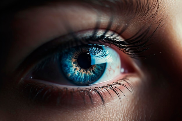 Primo piano dell'occhio umano blu IA generativa