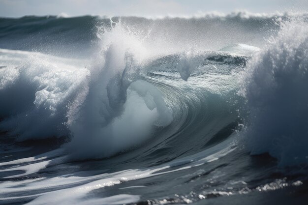 Primo piano dell'onda che si infrange con acqua e schiuma volante