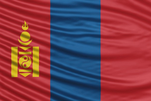 Primo piano dell'onda della bandiera della Mongolia, sfondo della bandiera nazionale