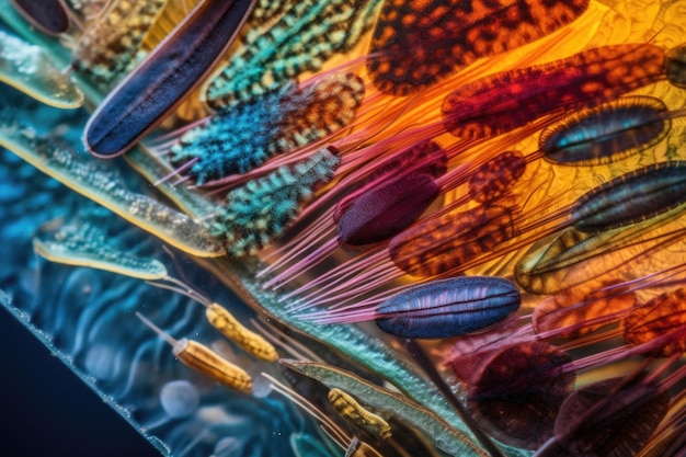 Primo piano dell'organismo marino colorato su vetrino da microscopio creato con intelligenza artificiale generativa