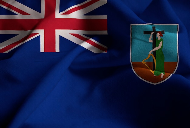 Primo piano della bandiera increspata di Montserrat, bandiera di Montserrat che soffia in vento