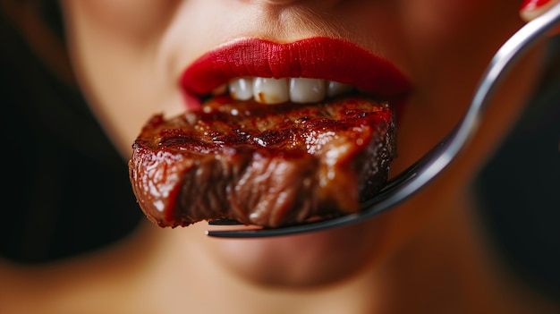 Primo piano della bella bocca femminile che mangia deliziosa carne alla griglia