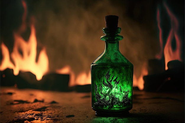 Primo piano della bottiglia di vetro della pozione verde con fuoco sfocato sullo sfondo creato con ai generativo