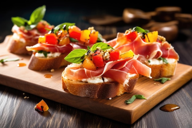 Primo piano della bruschetta al prosciutto su una tavola di legno