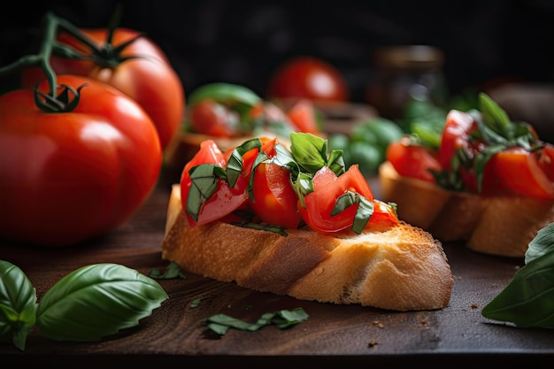 Primo piano della bruschetta con pomodori freschi e basilico dell'orto