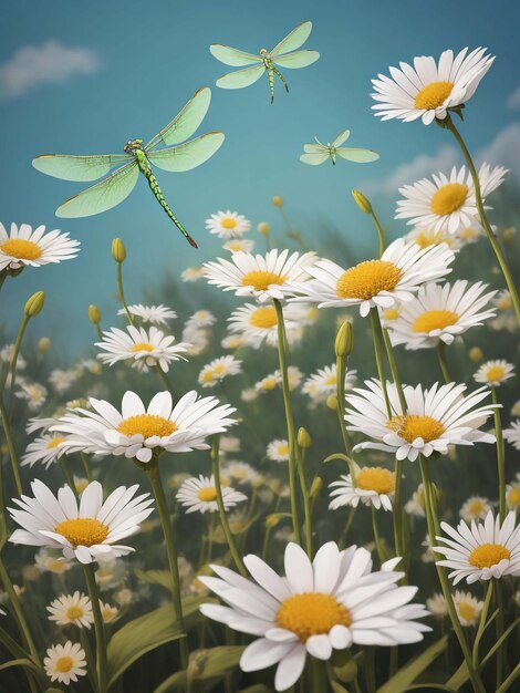 Primo piano della camomilla dei fiori di campo primaverili con farfalle volanti illuminate al mattino vec