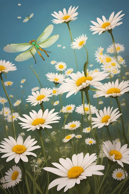 Primo piano della camomilla dei fiori di campo primaverili con farfalle volanti illuminate al mattino vec