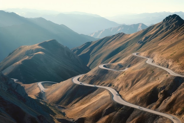 Primo piano della catena montuosa con una strada tortuosa che serpeggia tra le vette create con l'IA generativa