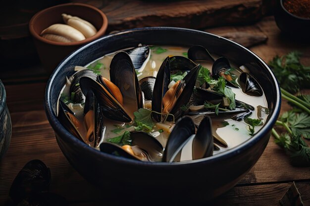 Primo piano della ciotola di zuppa di pesce con cozze e altri ingredienti in vista