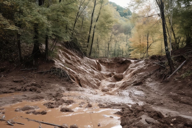 Primo piano della colata di fango con flusso d'acqua che scorre lungo il pendio