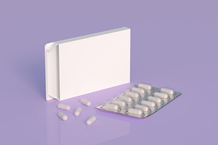 Primo piano della confezione blister con medicinali rotondi pillole di un colore Modello mockup 3d rendering