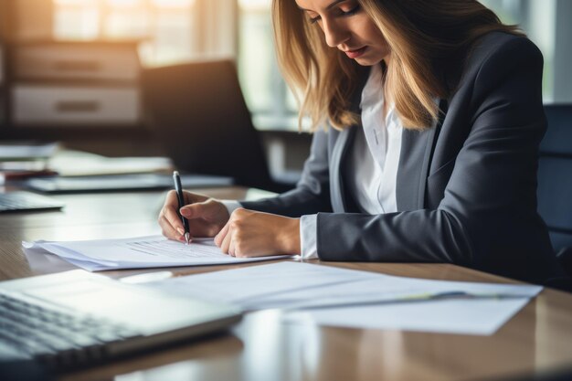 Primo piano della contabile femminile che lavora con i documenti al tavolo in ufficio