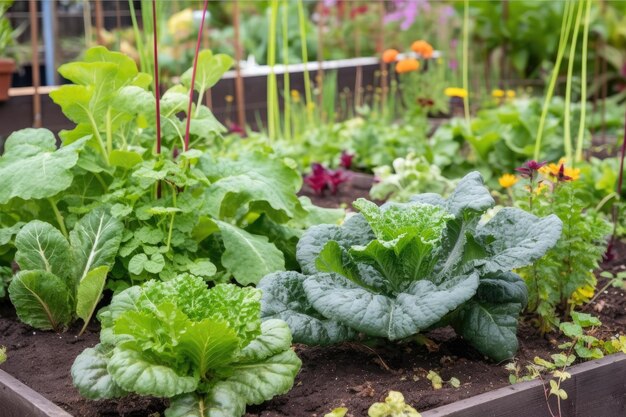 Primo piano della crescita del giardino fresco con singole piante e fiori visibili creati con ai generativa