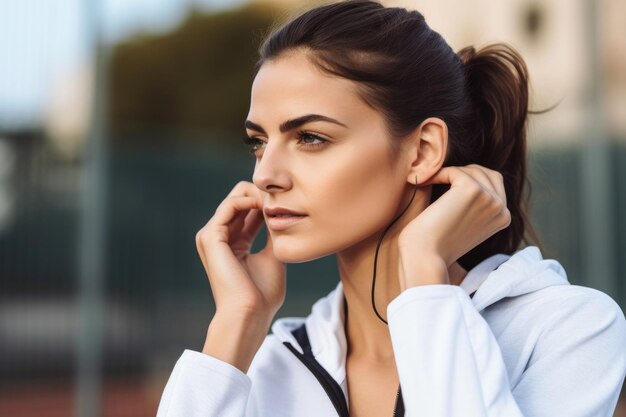 Primo piano della donna sportiva che tiene l'orecchio mentre si trova all'aperto creato con l'IA generativa