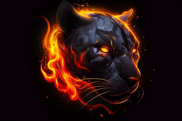 Primo piano della faccia della tigre su sfondo nero con fiamme arancioni e rosse IA generativa