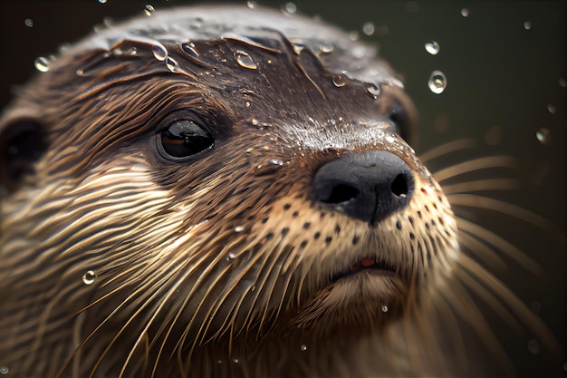 Primo piano della faccia di lontre con goccioline d'acqua sui suoi baffi