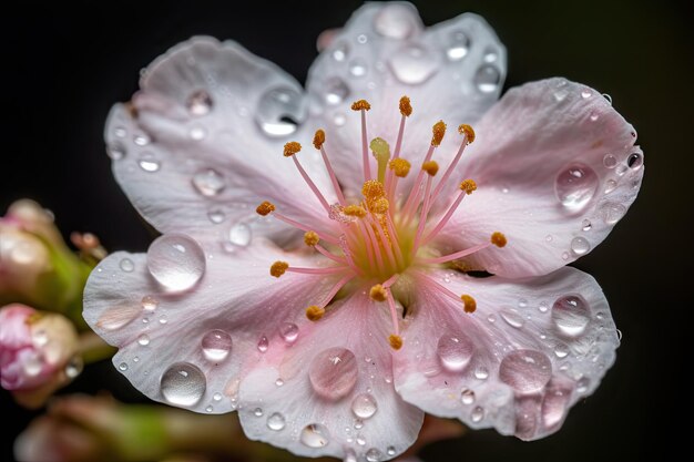 Primo piano della fioritura dei fiori di ciliegio con gocce di rugiada sui petali creati con intelligenza artificiale generativa